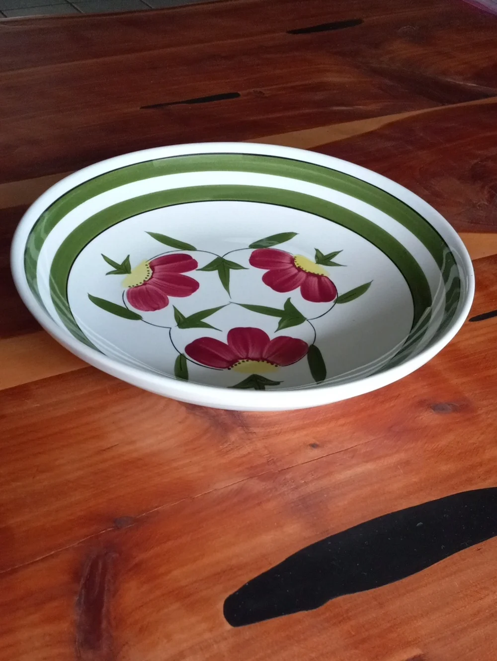 Pink Floral Ceramic Ironstone Ware Serving Bowl with Green Trim